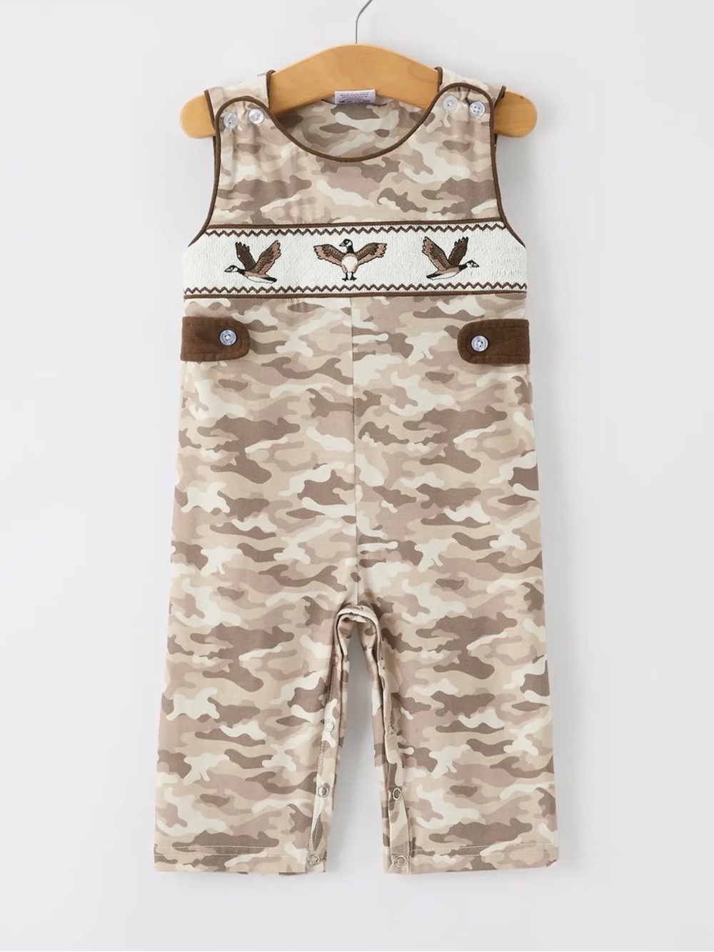 Beige Camo Smocked Bird Overalls for Babies